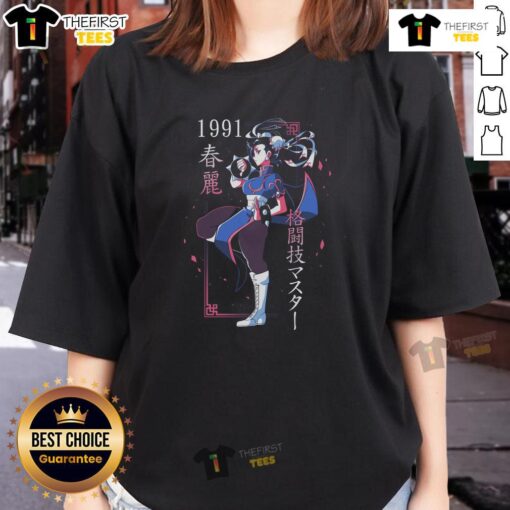 Pretty Just A Girl Chun Li Street Fighter Ladies Tee featuring a stylish graphic of Chun Li in vibrant colors.
