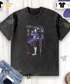 Alt Text: Pretty Just A Girl Chun Li Street Fighter washed t-shirt featuring iconic character design and vibrant colors.
