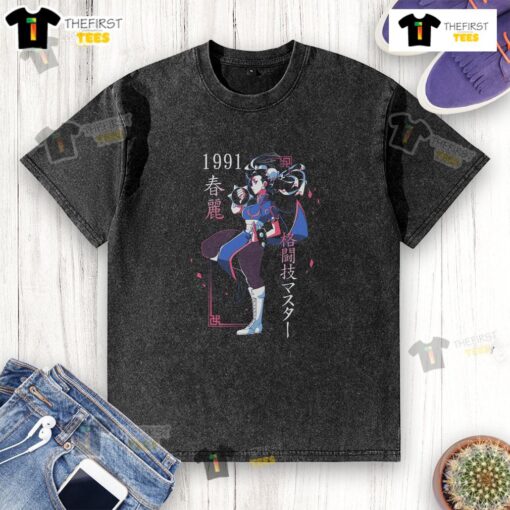 Alt Text: Pretty Just A Girl Chun Li Street Fighter washed t-shirt featuring iconic character design and vibrant colors.