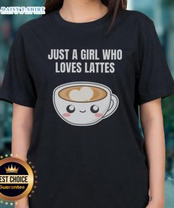 Alt Text: Kawaii ladies tee featuring 'Just a girl who loves lattes' design, perfect for coffee and espresso lovers.