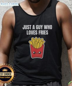 Guy wearing a kawaii tank top with a curly fries graphic, showcasing his love for fast food and fries.