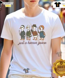 Pretty Just A Horror Goose Halloween T-Shirt featuring a spooky goose graphic perfect for Halloween festivities.