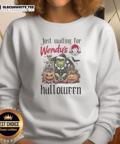 Alt Text: Cozy 'Pretty Just Waiting for Wendy's Grinch Halloween Sweatshirt' featuring festive design for Halloween fun.
