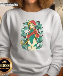 Alt Text: Pretty Killer Bee Cammy Street Fighter sweatshirt featuring vibrant colors and iconic character design.
