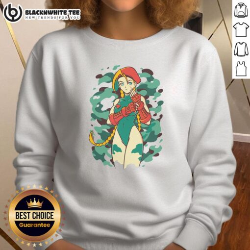 Alt Text: Pretty Killer Bee Cammy Street Fighter sweatshirt featuring vibrant colors and iconic character design.