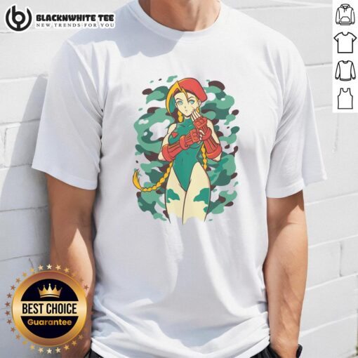 Pretty Killer Bee Cammy Street Fighter T-Shirt featuring vibrant graphics of Cammy in her iconic Killer Bee outfit.
