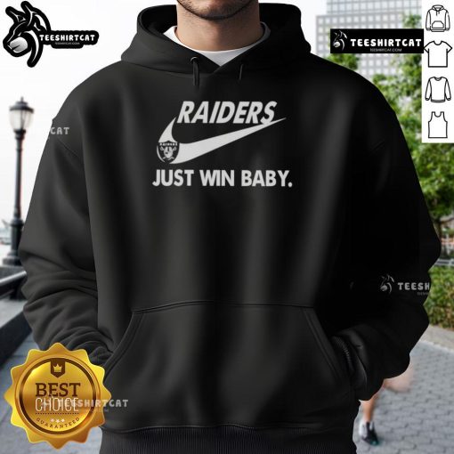 Stylish Pretty Las Vegas Raiders football hoodie with 'Just Win Baby' slogan, perfect for fans and game day.