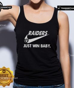 Pretty Las Vegas Raiders football tank top featuring 'Just Win Baby' slogan, perfect for game day style.