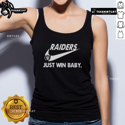 Pretty Las Vegas Raiders football tank top featuring 'Just Win Baby' slogan, perfect for game day style.