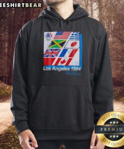 Alt Text: Vintage hoodie featuring flags from the 1984 Los Angeles Games of the XXIIIrd Olympiad, perfect for sports enthusiasts.