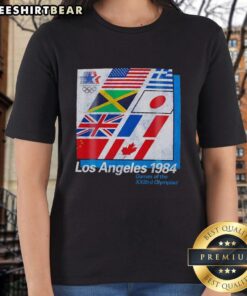 Vintage ladies tee featuring flags from the 1984 Los Angeles XXIII Olympic Games, perfect for sports enthusiasts.