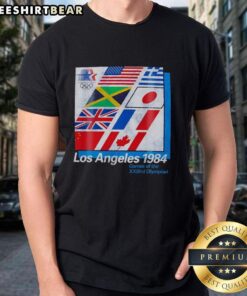 Alt Text: Vintage 1984 Los Angeles XXIII Olympiad flags graphic on a t-shirt, celebrating the iconic Olympic Games.