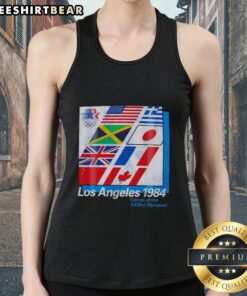 Alt Text: Vintage tank top featuring flags from the 1984 Los Angeles XXIII Olympic Games, celebrating Olympic history.