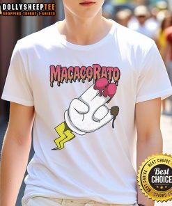 Alt Text: Stylish Macacorato strawberry and chocolate flavor t-shirt featuring vibrant colors and playful design. Perfect for summer!