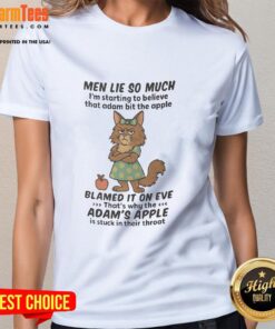 Playful Maine Coon cat lying on a tee featuring 'Im starting to believe Adam bit the apple' design.