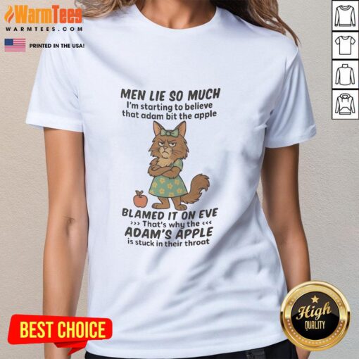 Playful Maine Coon cat lying on a tee featuring 'Im starting to believe Adam bit the apple' design.