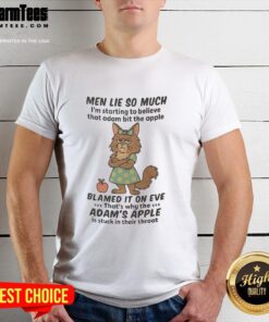 Pretty Maine Coon cat wearing 'I'M Starting To Believe That Adam Bit The Apple' T-shirt, showcasing feline charm.