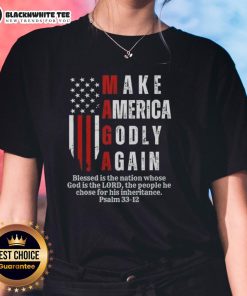 Pretty Make America Godly Again USA flag ladies tee featuring a stylish design for patriotic women.