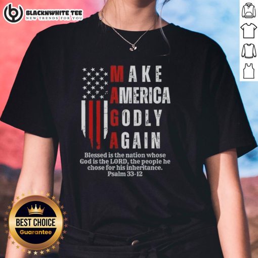 Pretty Make America Godly Again USA flag ladies tee featuring a stylish design for patriotic women.