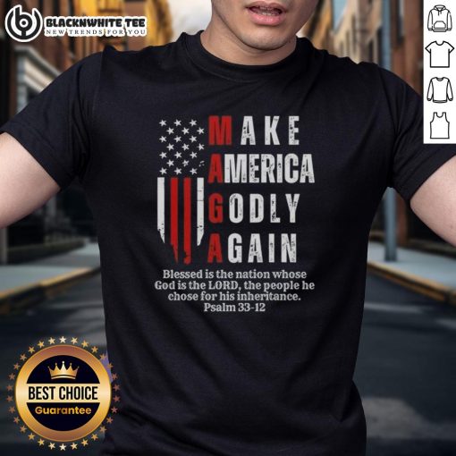 Alt Text: Pretty Make America Godly Again USA Flag T-Shirt featuring patriotic design and vibrant colors for stylish expression.