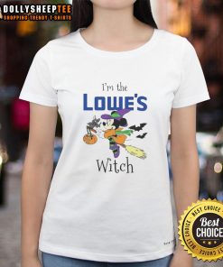 Pretty Minnie Mouse Halloween tee for ladies, featuring 'I'm Lowes Witch' design, perfect for trick-or-treat festivities.
