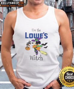 Pretty Minnie Mouse Halloween tank top for girls, featuring 'I'm Lowes Witch' design, perfect for trick-or-treating.