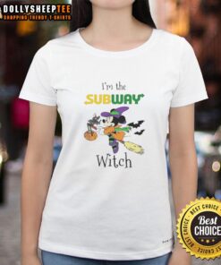 Pretty Minnie Mouse in subway witch costume for Halloween on ladies tee, perfect for trick or treat celebrations.