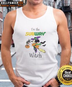 Alt Text: Cute girl in Minnie Mouse tank top, dressed as a witch, enjoying Halloween trick-or-treating in the subway.