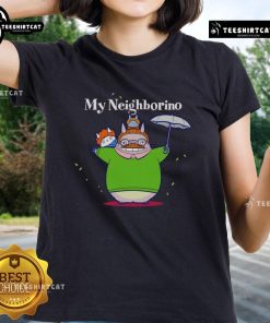Pretty My Neighborino My Neighbor Totoro ladies tee featuring a whimsical Totoro design on a stylish shirt.