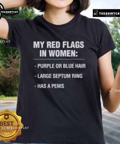 Pretty red flags in women graphic tee featuring ladies with purple and blue hair, perfect for casual style.