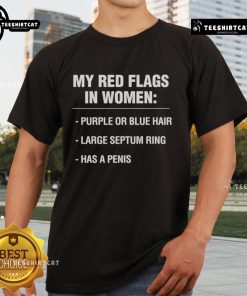 Pretty My Red Flags In Women T-Shirt featuring purple and blue hair design, perfect for expressing personality.