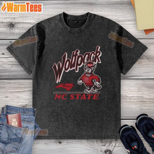 Vintage washed T-shirt featuring the North Carolina State Wolfpack logo, perfect for fans and casual wear.