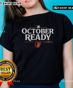 Pretty October Ready Baltimore Orioles 2025 postseason ladies tee in vibrant orange, perfect for cheering at games.