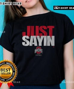 Alt Text: Pretty Ohio State football ladies' tee featuring Julian Sayin design, perfect for fans and casual wear.