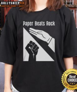 Pretty Paper Beats Rock logo on a stylish ladies tee, perfect for casual wear and fun gift ideas.