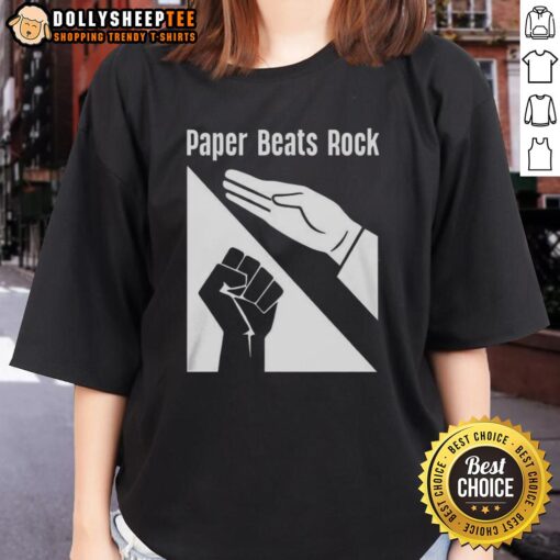 Pretty Paper Beats Rock logo on a stylish ladies tee, perfect for casual wear and fun gift ideas.