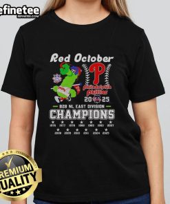 Alt Text: Pretty Philadelphia Phillies mascot, Phillie Phanatic, on a ladies' tee celebrating East Division Champions 2025.