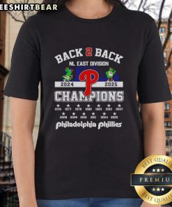 Alt Text: Ladies tee featuring the Philadelphia Phillies' Phillie Phanatic celebrating back-to-back East Division Champions 2025.