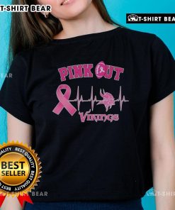 Pretty pink out Breast Cancer heartbeat Minnesota Vikings ladies tee, showcasing team spirit and support for breast cancer awareness.