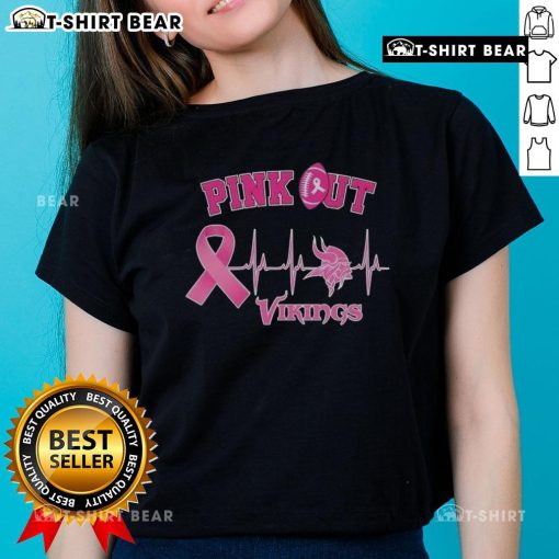 Pretty pink out Breast Cancer heartbeat Minnesota Vikings ladies tee, showcasing team spirit and support for breast cancer awareness.