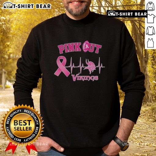 Pretty pink out breast cancer heartbeat Minnesota Vikings sweatshirt, showcasing team spirit and support for breast cancer awareness.