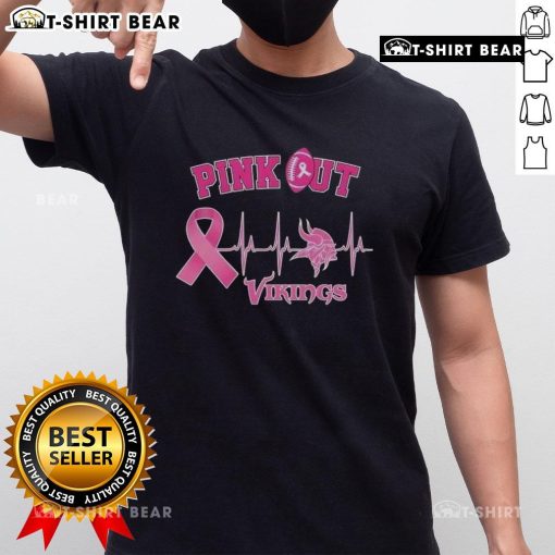 Pretty Pink Out Breast Cancer Heartbeat Minnesota Vikings T-Shirt featuring vibrant pink design and team logo.