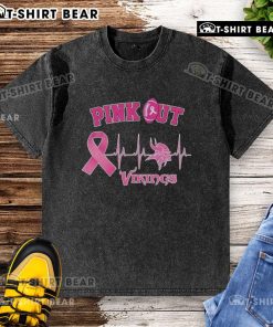 Pretty pink Minnesota Vikings washed t-shirt featuring a breast cancer heartbeat design for awareness and support.