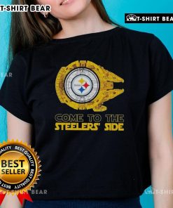 Pretty Pittsburgh Steelers Star Wars design on ladies tee, blending fandom with team spirit for stylish game day wear.