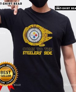 Alt Text: Pretty Pittsburgh Steelers Star Wars Design T-Shirt featuring iconic characters and team logo, perfect for fans.
