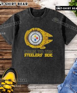 Pretty Pittsburgh Steelers Star Wars design t-shirt featuring a unique washed style, perfect for fans of both franchises.