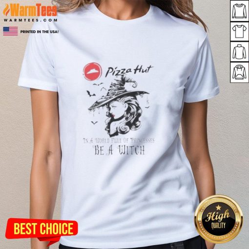 Pretty Pizza Hut Halloween tee for ladies, featuring witches and princesses in a fun, festive design.