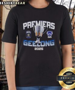 Pretty Premier's Geelong 2025 Champions Ladies Tee featuring vibrant design and team colors for proud supporters.