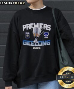 Pretty Premiers Geelong 2025 Champions sweatshirt featuring vibrant colors and team logo, perfect for proud fans.