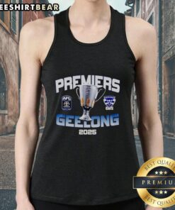 Alt Text: Pretty Premier's Geelong 2025 Champions tank top featuring vibrant colors and bold team logo, perfect for fans.